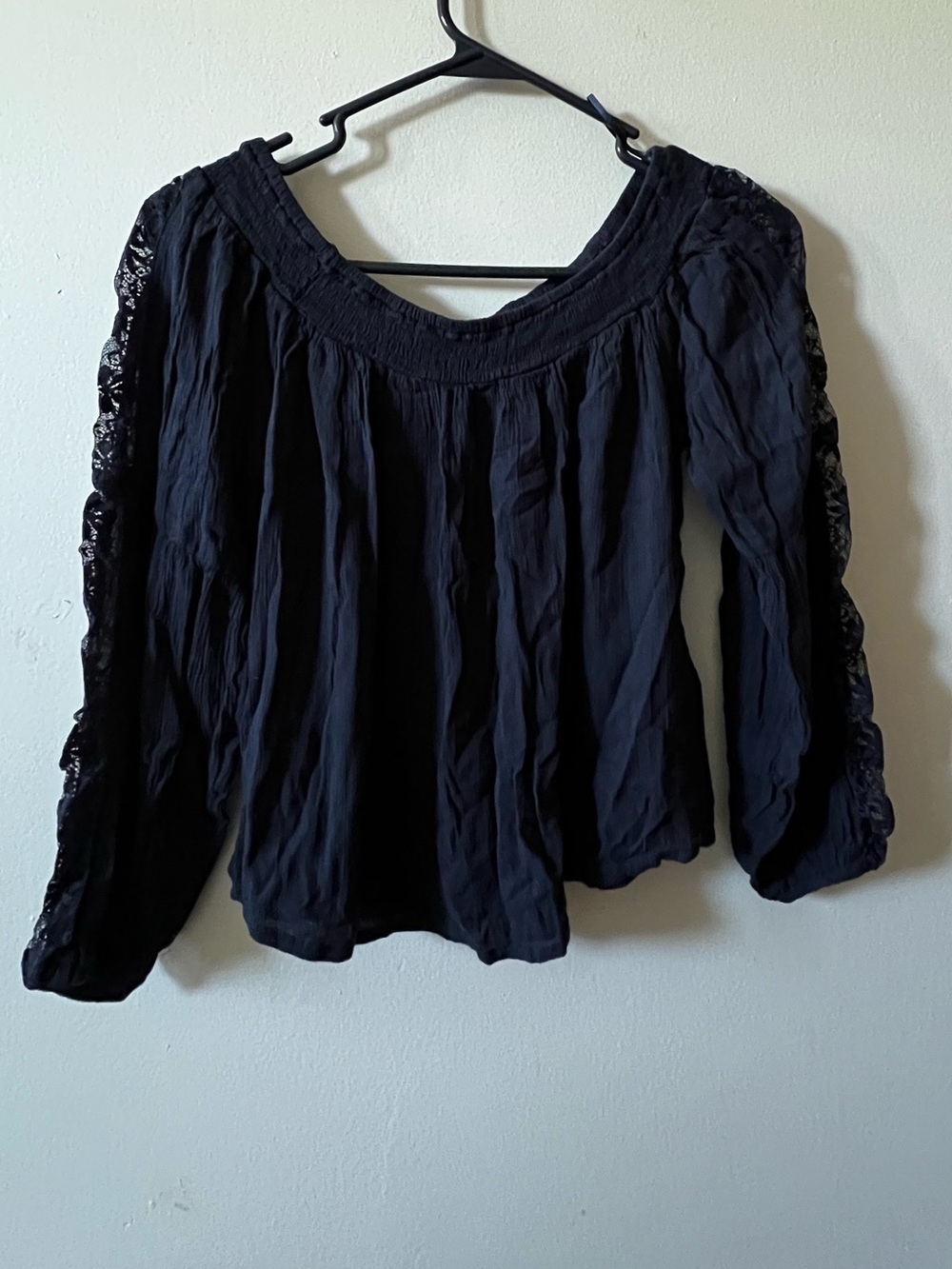 Hollister Navy Blue Off Shoulder Blouse with Lace Sleeves